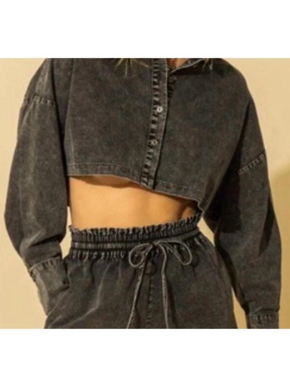 Hyfve Crop Top Women’s M Black Button Up Collared Long Sleeve Distressed Baggy